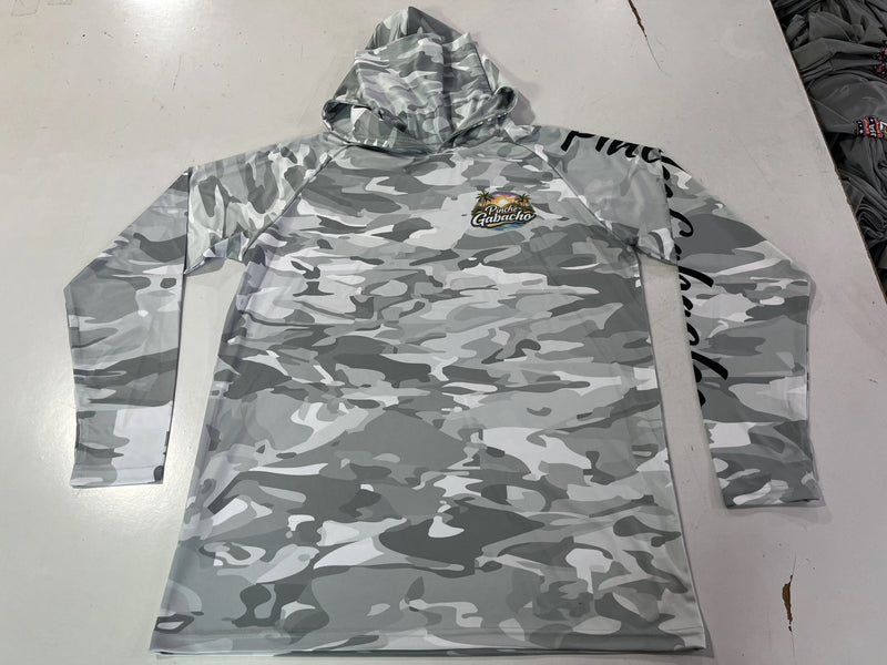Grey Ocean Camo performance hoodie with built in gator and thumb holes.